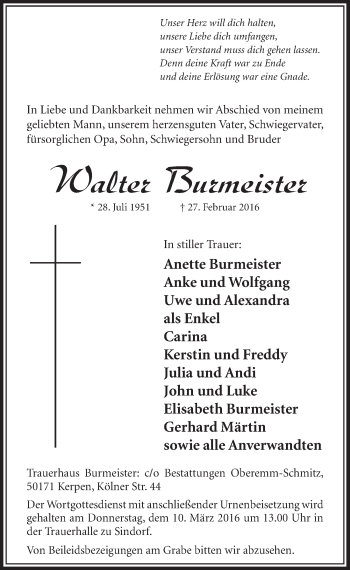 Anzeige von Walter Burmeister von  Sonntags-Post 