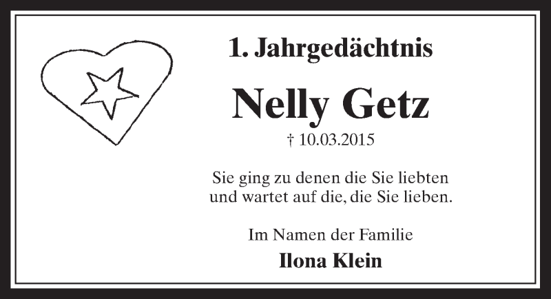  Traueranzeige für Nelly Getz vom 09.03.2016 aus  Werbepost 