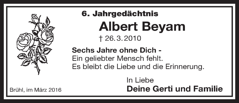  Traueranzeige für Albert Beyam vom 23.03.2016 aus  Schlossbote/Werbekurier 