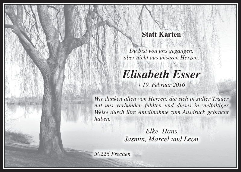 Traueranzeige für Elisabeth Esser vom 16.03.2016 aus  Wochenende 