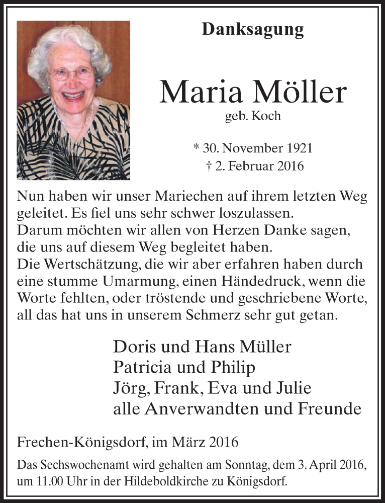  Traueranzeige für Maria Möller vom 26.03.2016 aus  Sonntags-Post 