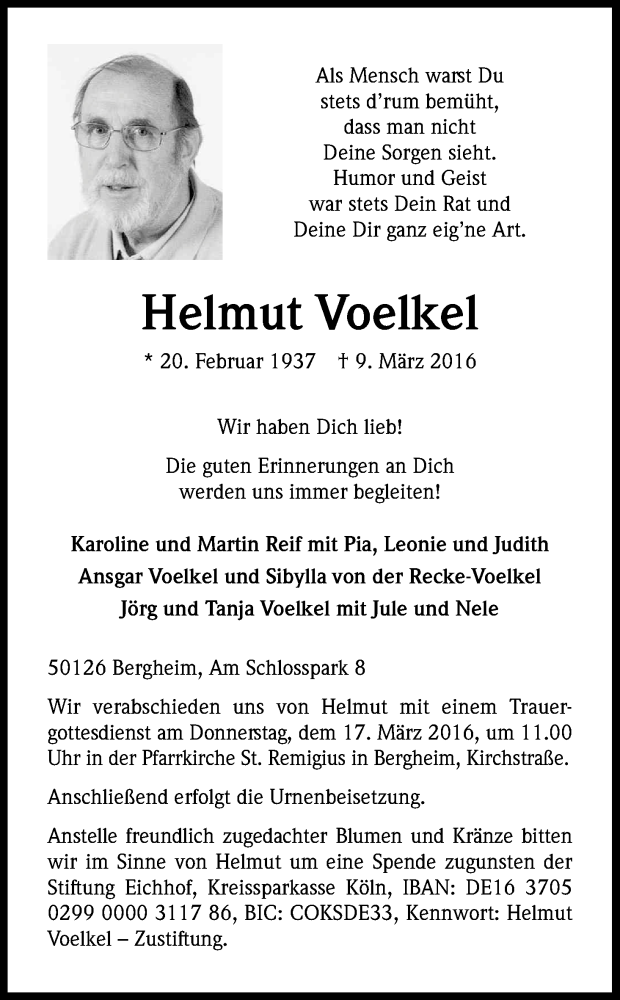  Traueranzeige für Helmut Voelkel vom 12.03.2016 aus Kölner Stadt-Anzeiger / Kölnische Rundschau / Express