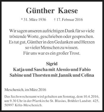 Anzeige von Günther Kaese von  Schlossbote/Werbekurier 
