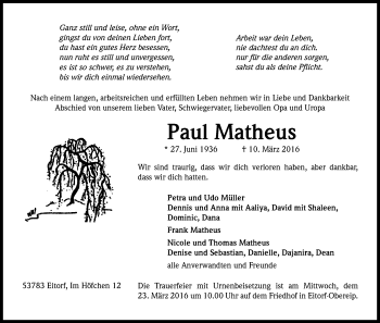 Anzeige von Paul Matheus von Kölner Stadt-Anzeiger / Kölnische Rundschau / Express