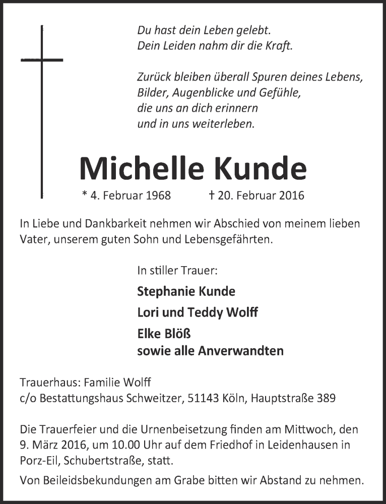  Traueranzeige für Michelle Kunde vom 02.03.2016 aus  Kölner Wochenspiegel 
