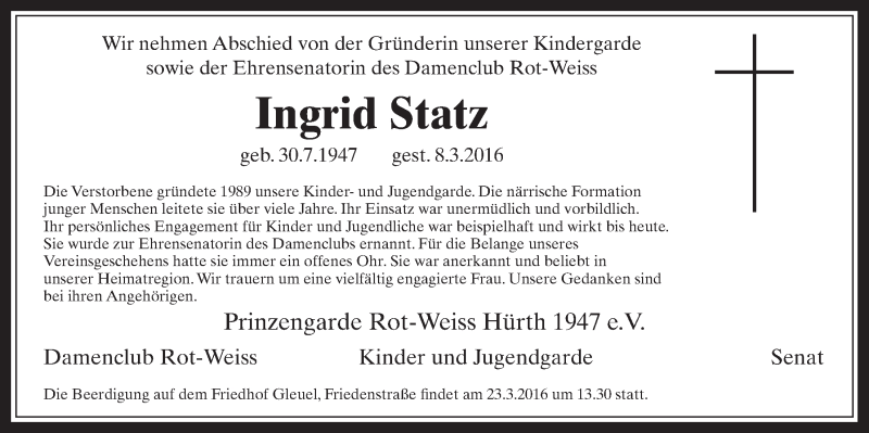  Traueranzeige für Ingrid Statz vom 23.03.2016 aus  Wochenende 