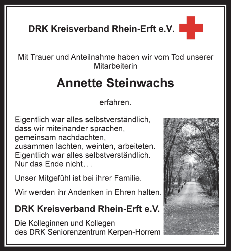  Traueranzeige für Annette Steinwachs vom 23.03.2016 aus  Werbepost 
