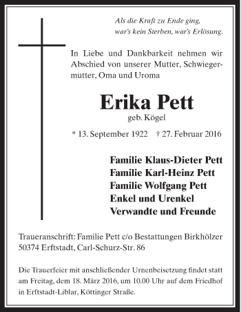Anzeige von Erika Pett von  Schlossbote/Werbekurier 