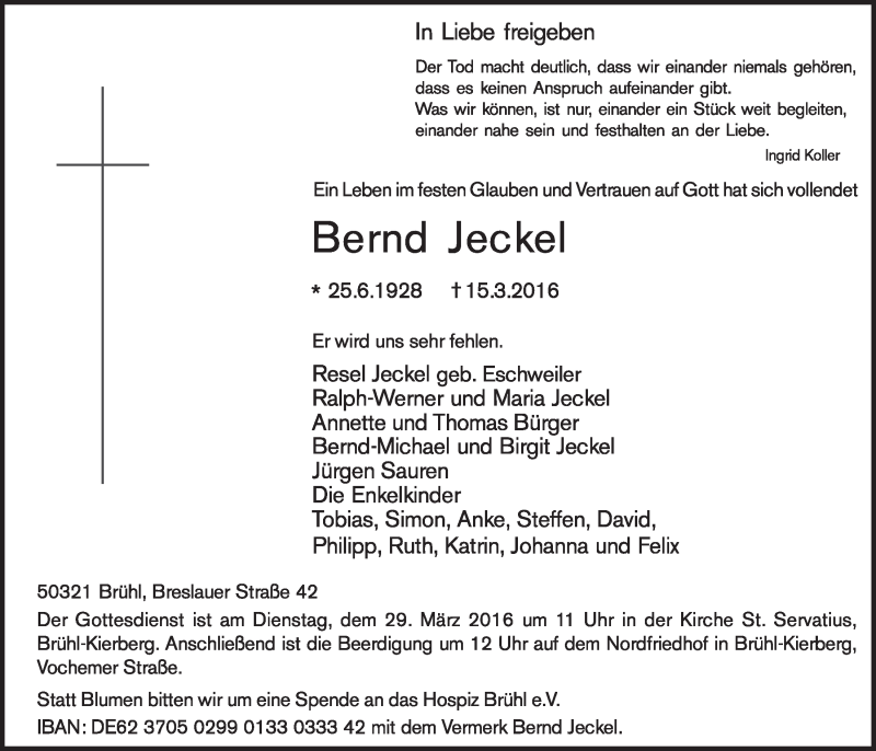  Traueranzeige für Bernd Jeckel vom 23.03.2016 aus  Schlossbote/Werbekurier 