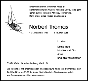 Anzeige von Norbert Thomas von Kölner Stadt-Anzeiger / Kölnische Rundschau / Express