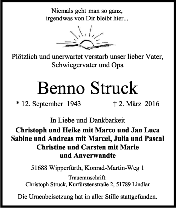 Anzeige von Benno Struck von Kölner Stadt-Anzeiger / Kölnische Rundschau / Express