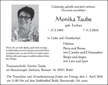 Anzeige von Monika Taube von  Schlossbote/Werbekurier 