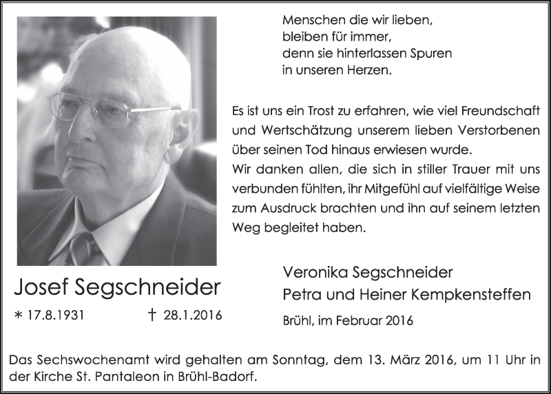 Traueranzeige für Josef Segschneider vom 02.03.2016 aus  Schlossbote/Werbekurier 