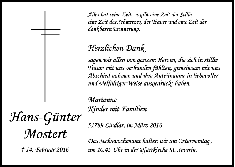  Traueranzeige für Hans-Günter Mostert vom 23.03.2016 aus Kölner Stadt-Anzeiger / Kölnische Rundschau / Express