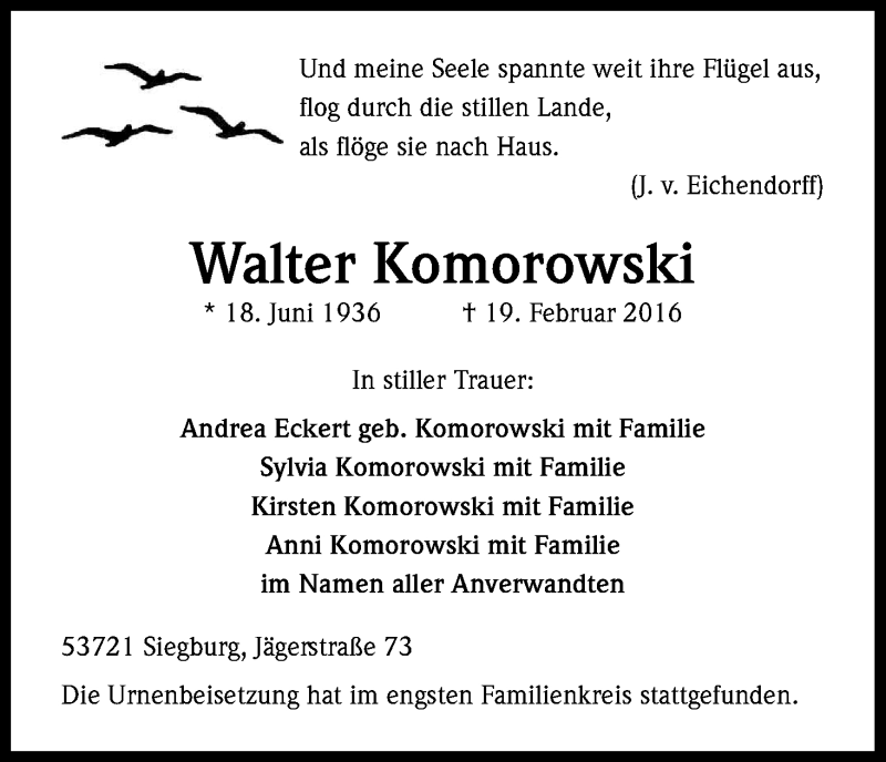  Traueranzeige für Walter Komorowski vom 19.03.2016 aus Kölner Stadt-Anzeiger / Kölnische Rundschau / Express
