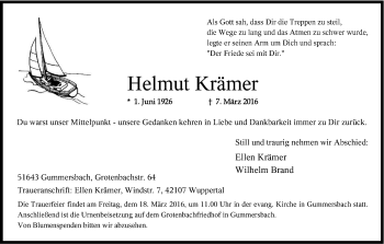 Anzeige von Helmut Krämer von Kölner Stadt-Anzeiger / Kölnische Rundschau / Express