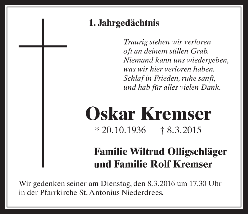  Traueranzeige für Oskar Kremser vom 02.03.2016 aus  Schaufenster/Blickpunkt 