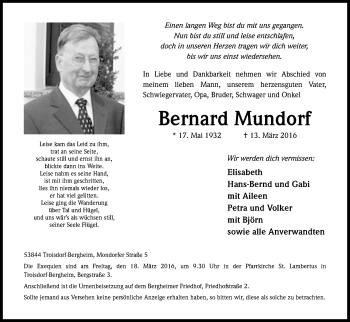 Anzeige von Bernard Mundorf von Kölner Stadt-Anzeiger / Kölnische Rundschau / Express