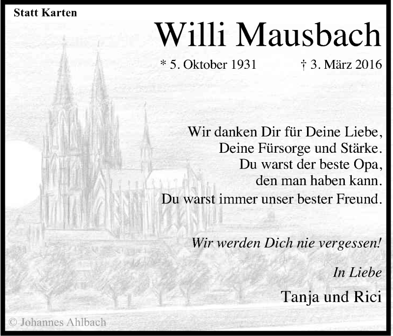  Traueranzeige für Willi Mausbach vom 07.03.2016 aus Kölner Stadt-Anzeiger / Kölnische Rundschau / Express