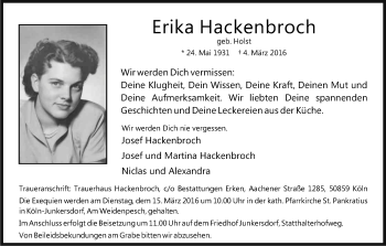 Anzeige von Erika Hackenbroch von Kölner Stadt-Anzeiger / Kölnische Rundschau / Express
