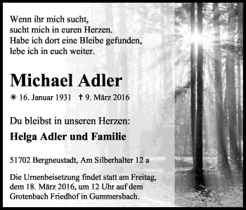 Anzeige von Michael Adler von Kölner Stadt-Anzeiger / Kölnische Rundschau / Express