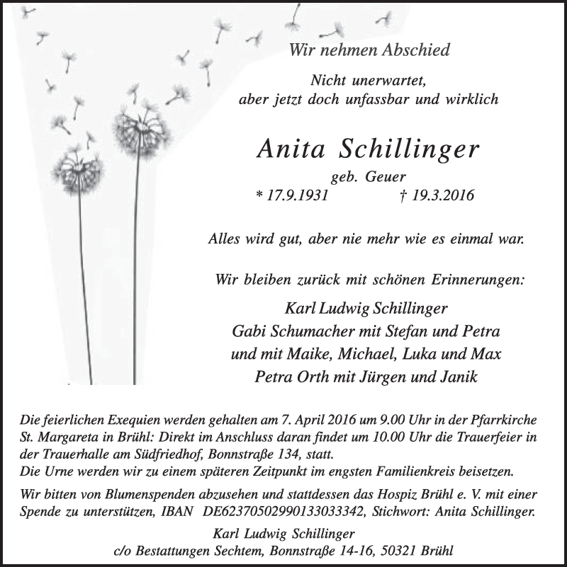  Traueranzeige für Anita Schillinger vom 30.03.2016 aus  Schlossbote/Werbekurier 