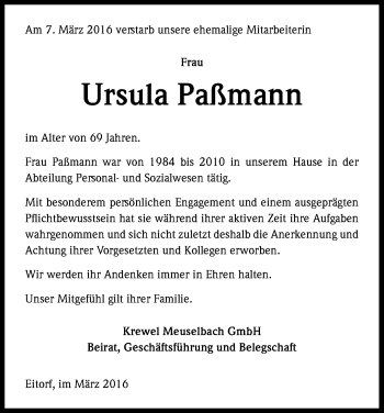 Anzeige von Ursula Paßmann von Kölner Stadt-Anzeiger / Kölnische Rundschau / Express