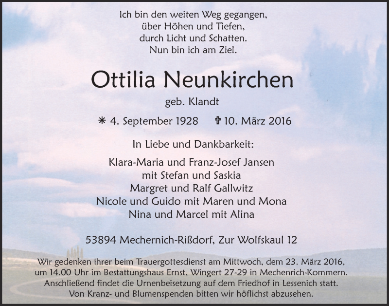  Traueranzeige für Ottilia Neunkirchen vom 13.03.2016 aus  Blickpunkt Euskirchen 