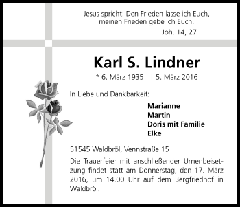 Anzeige von Karl Lindner von Kölner Stadt-Anzeiger / Kölnische Rundschau / Express