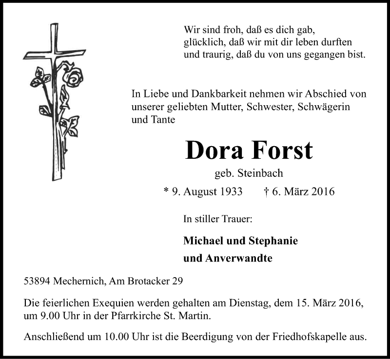  Traueranzeige für Dora Forst vom 10.03.2016 aus Kölner Stadt-Anzeiger / Kölnische Rundschau / Express