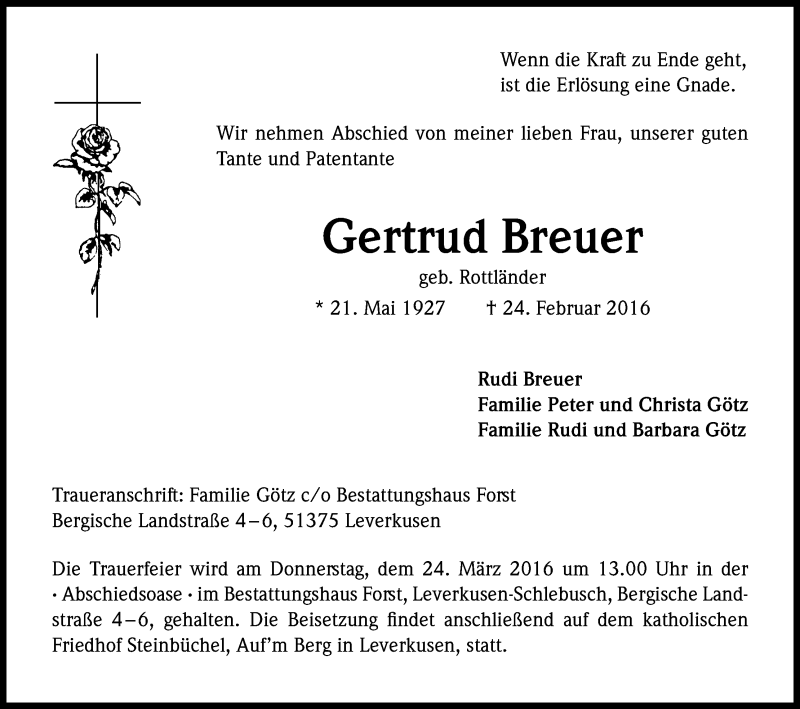  Traueranzeige für Gertrud Breuer vom 12.03.2016 aus Kölner Stadt-Anzeiger / Kölnische Rundschau / Express