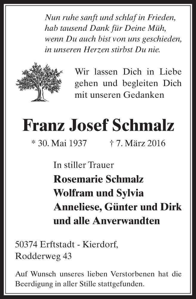  Traueranzeige für Franz Josef Schmalz vom 23.03.2016 aus  Werbepost 