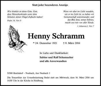 Anzeige von Henny Schramm von Kölner Stadt-Anzeiger / Kölnische Rundschau / Express