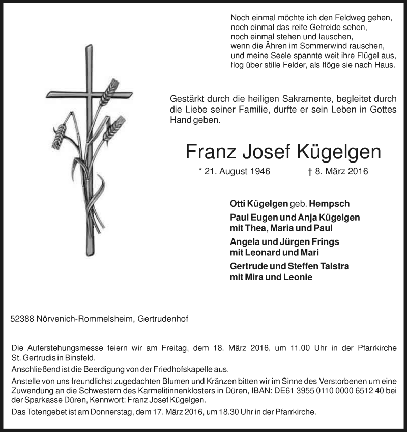  Traueranzeige für Franz Josef Kügelgen vom 12.03.2016 aus Kölner Stadt-Anzeiger / Kölnische Rundschau / Express