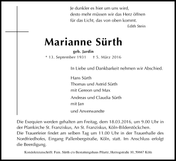 Anzeige von Marianne Sürth von Kölner Stadt-Anzeiger / Kölnische Rundschau / Express