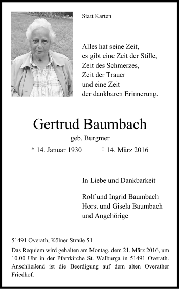 Anzeige von Gertrud Baumbach von Kölner Stadt-Anzeiger / Kölnische Rundschau / Express