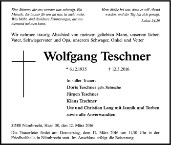 Anzeige von Wolfgang Teschner von Kölner Stadt-Anzeiger / Kölnische Rundschau / Express