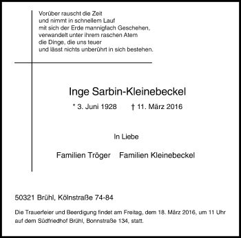 Anzeige von Inge Sarbin-Kleinebeckel von Kölner Stadt-Anzeiger / Kölnische Rundschau / Express