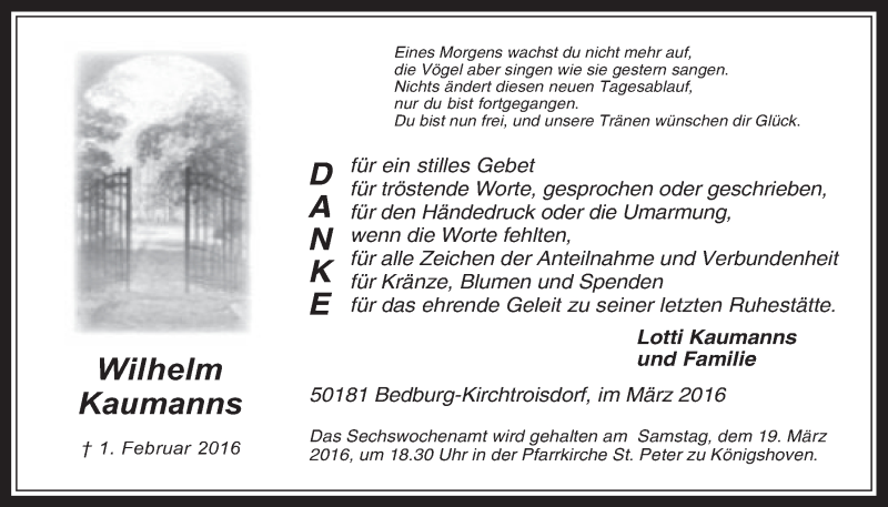  Traueranzeige für Wilhelm Kaumanns vom 09.03.2016 aus  Werbepost 
