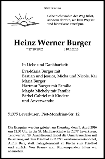 Anzeige von Heinz Werner Burger von Kölner Stadt-Anzeiger / Kölnische Rundschau / Express