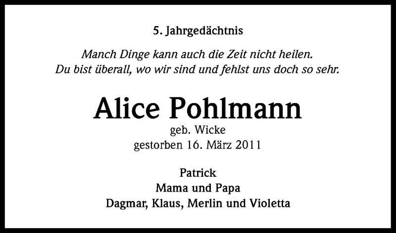  Traueranzeige für Alice Pohlmann vom 16.03.2016 aus Kölner Stadt-Anzeiger / Kölnische Rundschau / Express