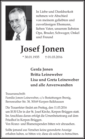 Anzeige von Josef Jonen von  Sonntags-Post 