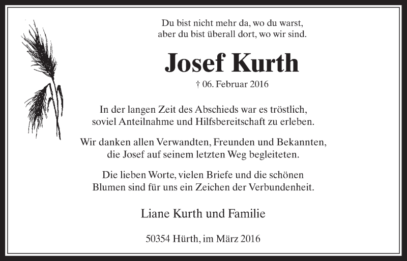 Traueranzeige für Josef Kurth vom 09.03.2016 aus  Wochenende 