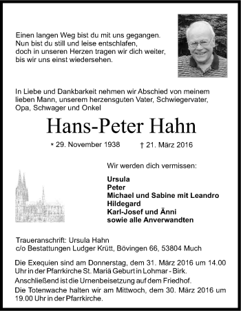 Anzeige von Hans-Peter Hahn von Kölner Stadt-Anzeiger / Kölnische Rundschau / Express