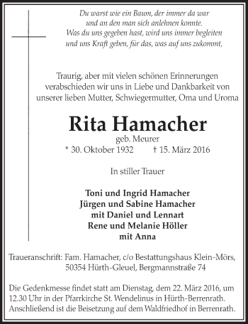 Anzeige von Rita Hamacher von  Sonntags-Post 