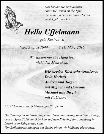 Anzeige von Hella Uffelmann von Kölner Stadt-Anzeiger / Kölnische Rundschau / Express