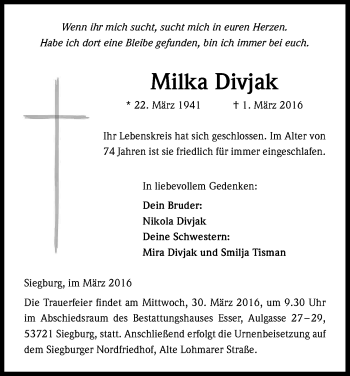 Anzeige von Milka Divjak von Kölner Stadt-Anzeiger / Kölnische Rundschau / Express