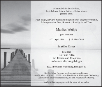 Anzeige von Marlies Wethje von  Schlossbote/Werbekurier 