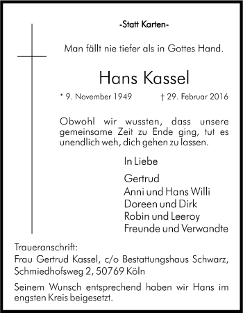 Anzeige von Hans Kassel von Kölner Stadt-Anzeiger / Kölnische Rundschau / Express