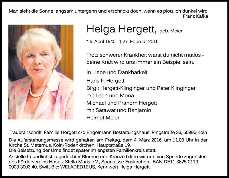  Traueranzeige für Helga Hergett vom 02.03.2016 aus Kölner Stadt-Anzeiger / Kölnische Rundschau / Express